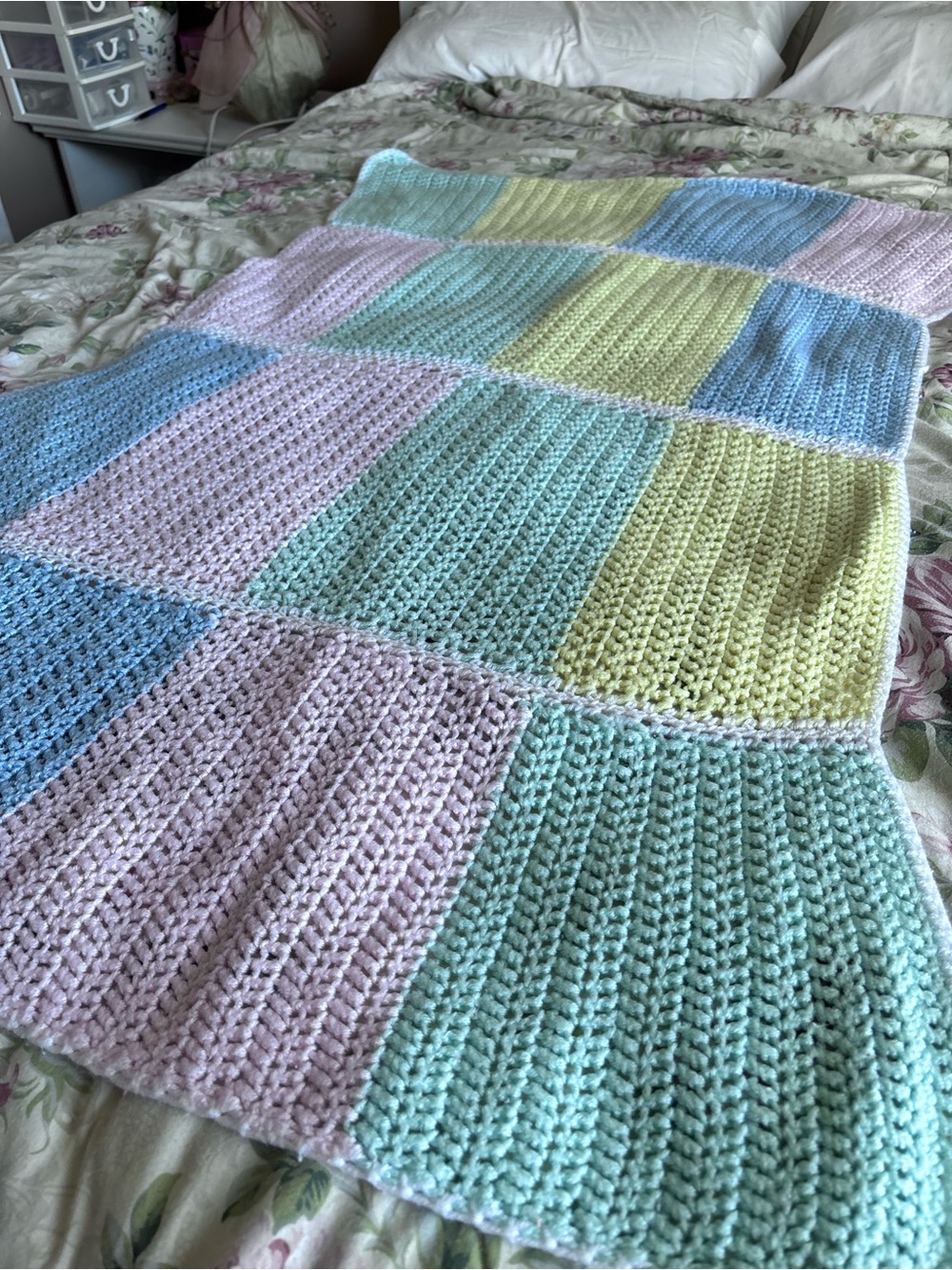 Handmade Pastel Patchwork Crochet Baby Blanket - Mint, Pink, Blue, Yellow 48x32